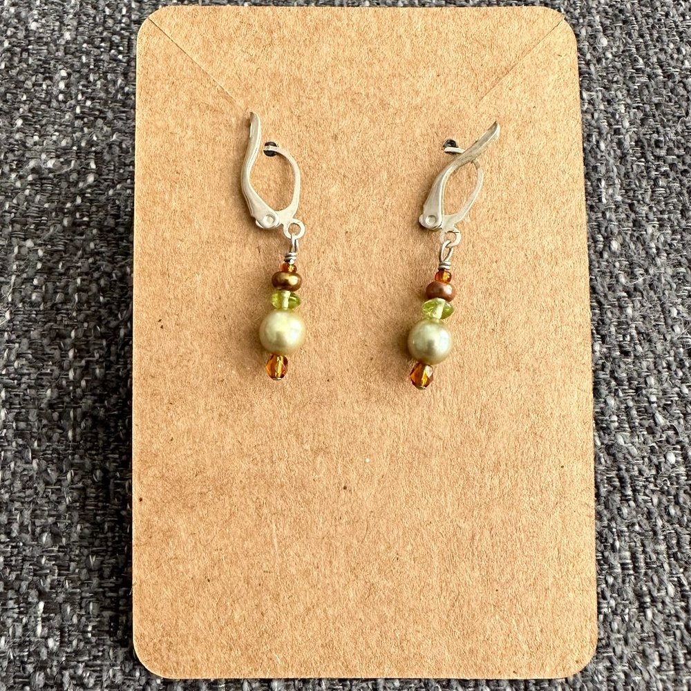 Beautiful Green and Brown Beads on Silver Dangle Earrings